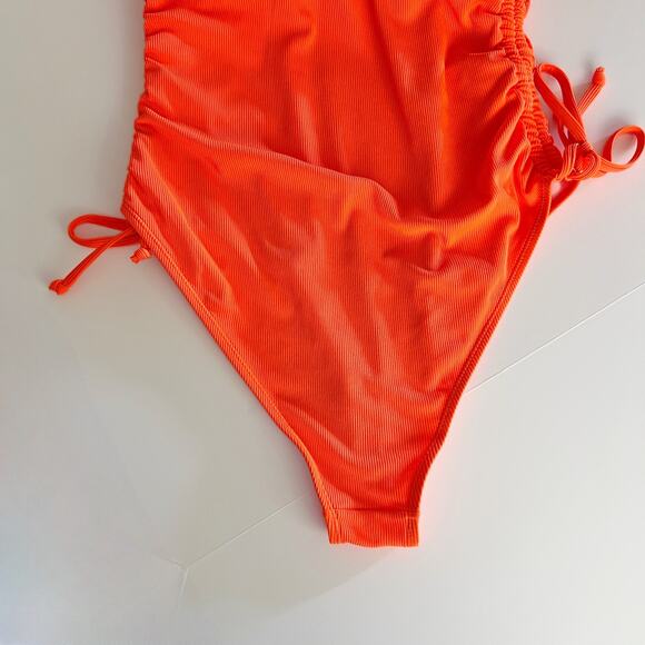 [Viottiset] Neon Orange Ribbed Ruched High Cut Cheeky One-Piece Swimsuit Size XL - Picture 7 of 11